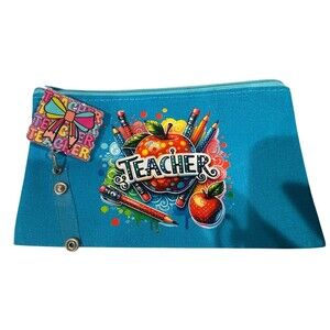 Teacher Zipper Pouch Bag & Retractable Badge Reel Set Teal gift set handmade